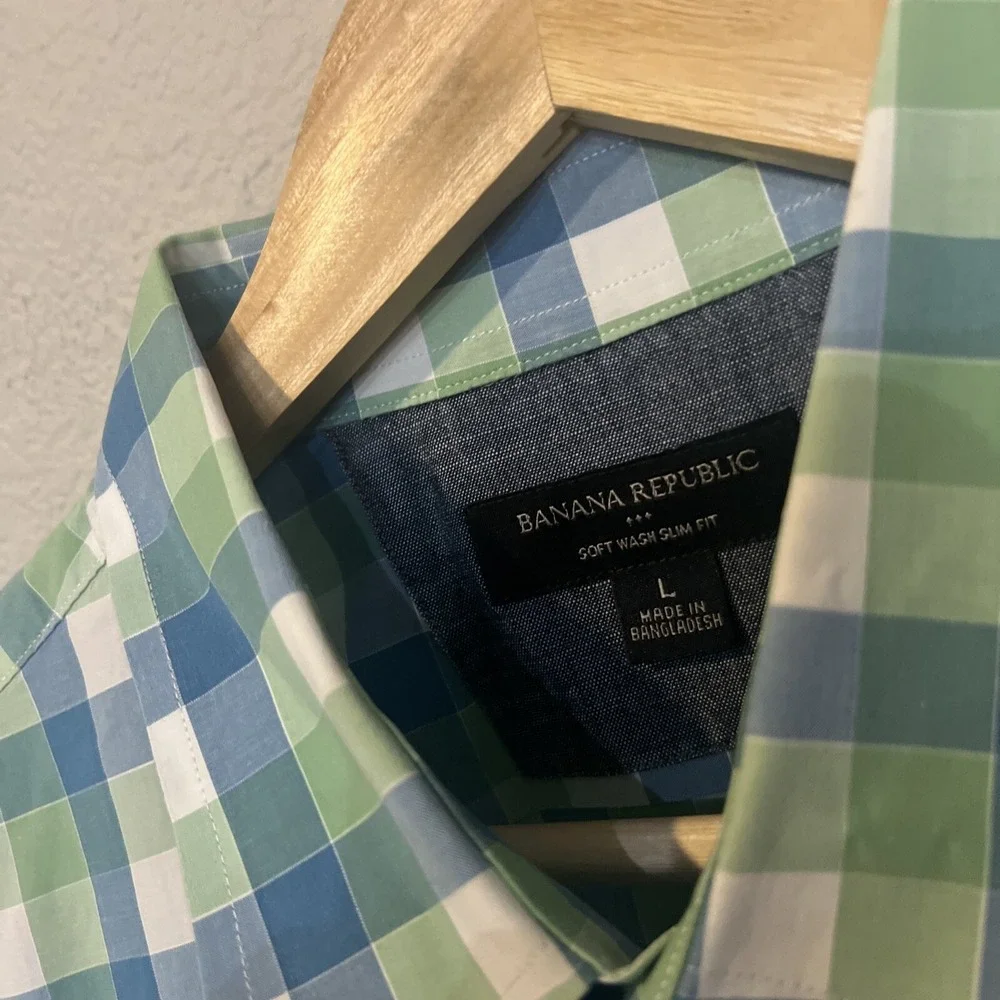 Banana Republic Mens Slim Fit L/S Button Dress Shirt LARGE BLUE Plaid